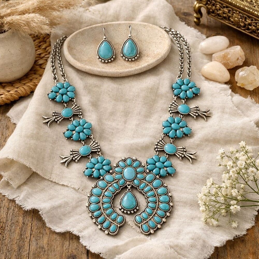 Southwestern Turquoise & Silver Necklace Set Naja Pendant Matching Earrings